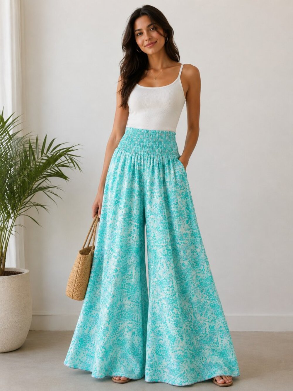 Vintage Teal Turquoise Floral Super Palazzo Pants S